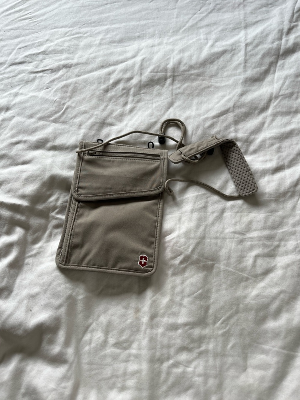 New Taupe Travel Neck Pouch with Red Logo Grey